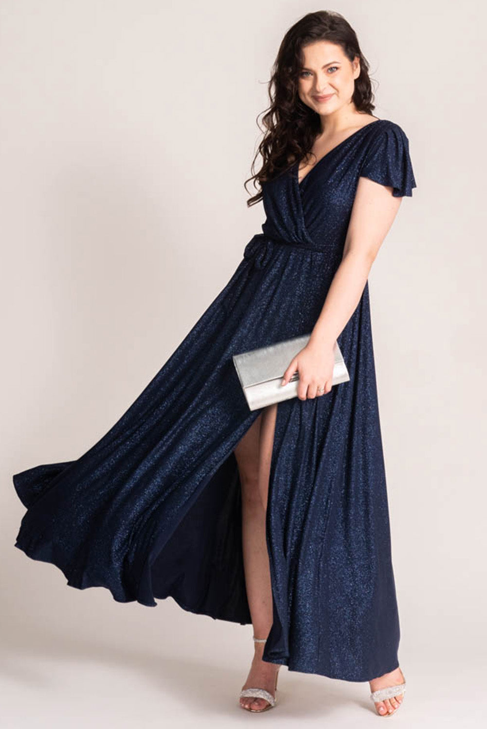 Blue Flutter Sleeve Wrap V Neck Plus Size Belted Dress Plus Size Dresses JT's Designer Fashion