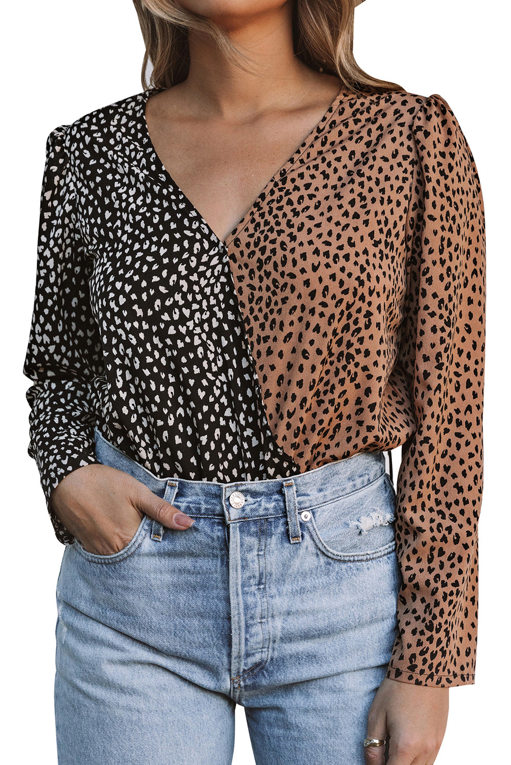 Spliced Leopard Print Wrap Long Sleeve Bodysuit Bodysuits JT's Designer Fashion