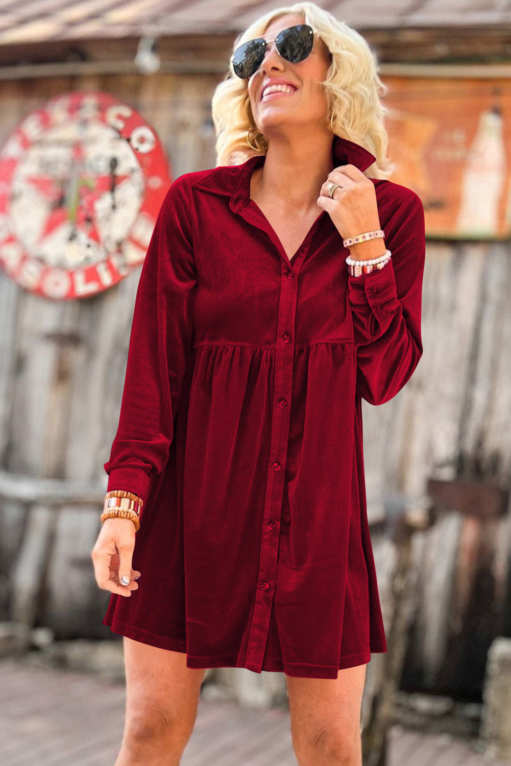 Red Long Sleeve Ruffle Velvet Button Up Dress Dresses JT's Designer Fashion