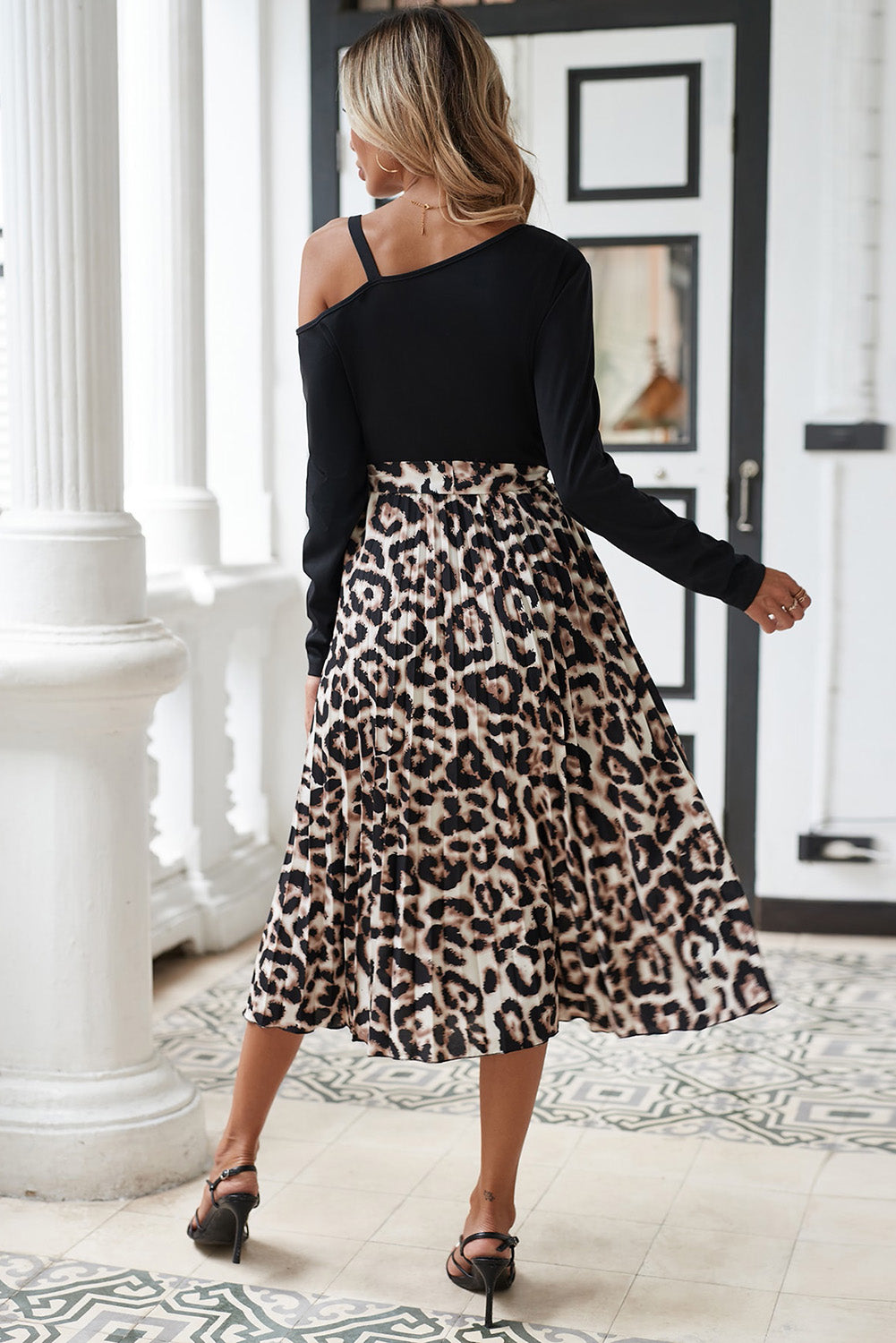 Black Asymmetric Shoulder Leopard Belted Dress Dresses JT's Designer Fashion