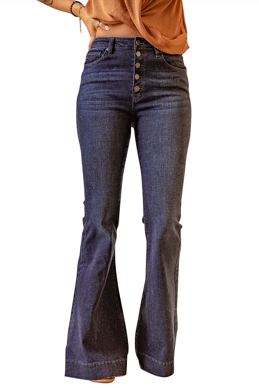 Blue Button Raw Hem Flared Jeans with Pockets Jeans JT's Designer Fashion