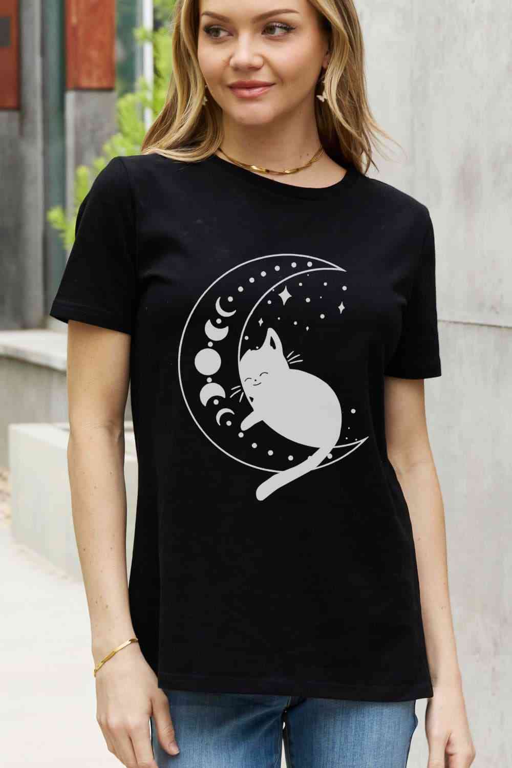 Simply Love Full Size Cat Moon Graphic Cotton Tee Graphic Tees JT's Designer Fashion