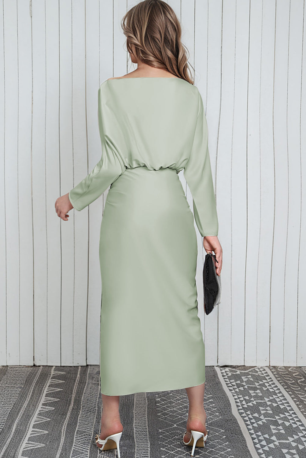 Green Satin Wrap Tie Side Boat Neck Long Sleeve Dress Evening Dresses JT's Designer Fashion
