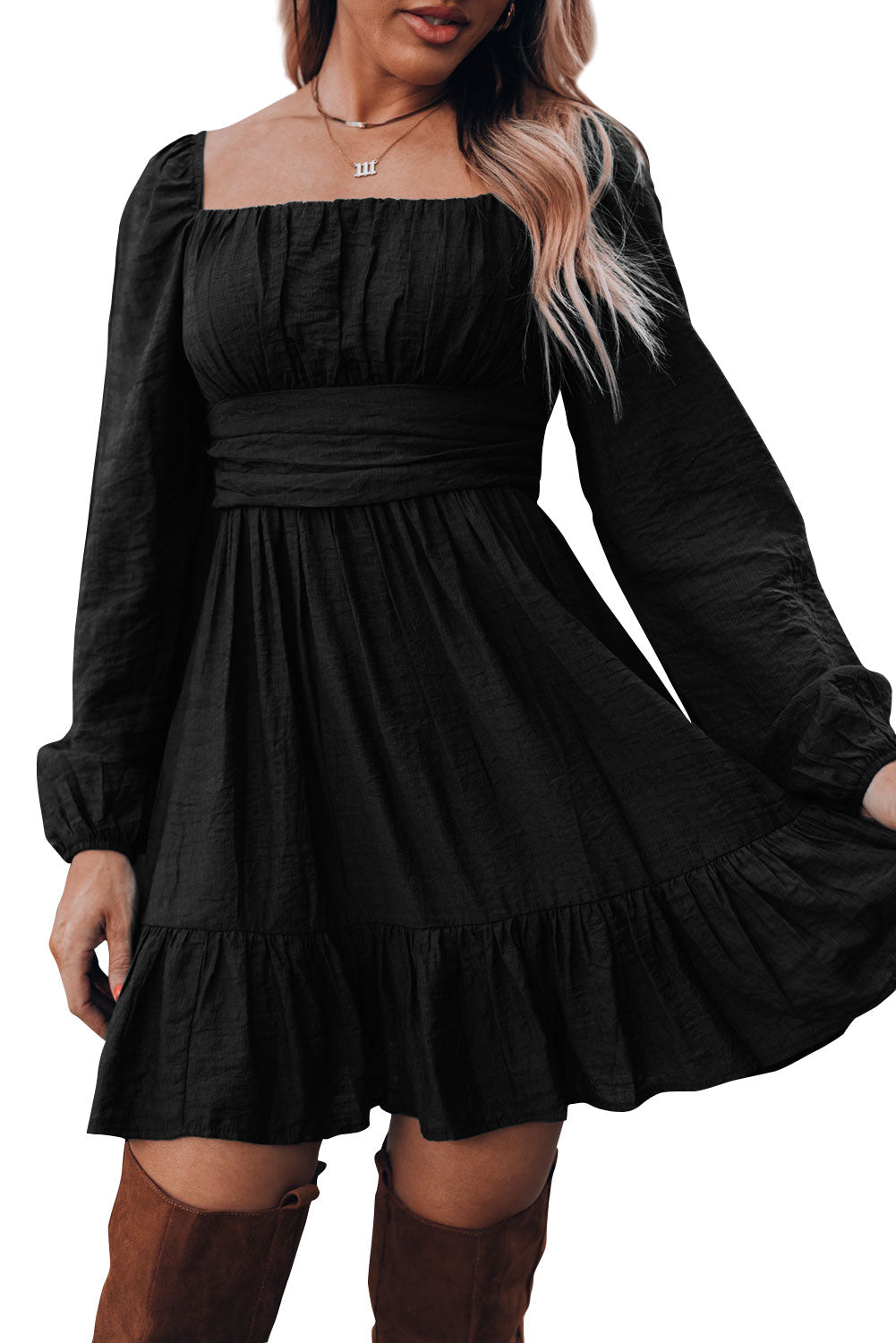 Black Green Ruched Square Neck Puff Sleeve Mini Dress Dresses JT's Designer Fashion