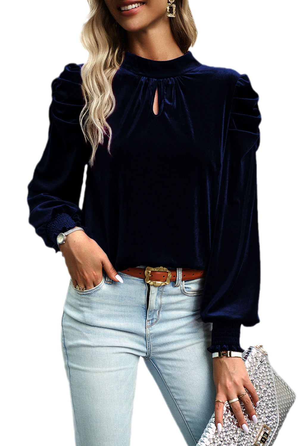 Navy Blue Mock Neck Puff Sleeve Velvet Blouse Blouses & Shirts JT's Designer Fashion