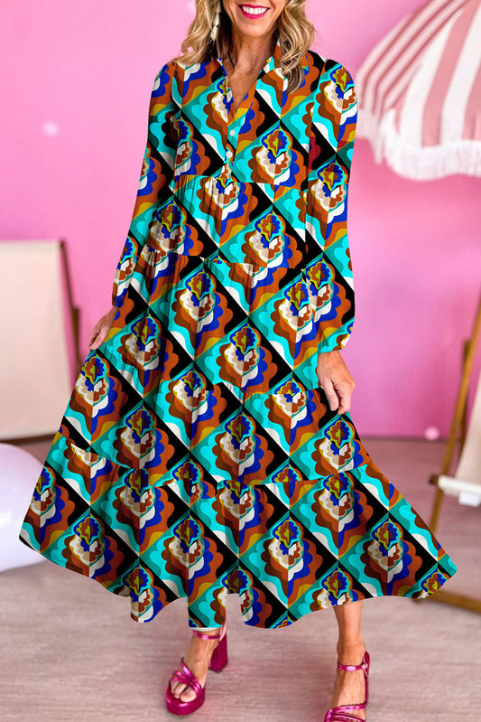 Multicolour Abstract Geometric Print Long Sleeve High Waist Dress Dresses JT's Designer Fashion