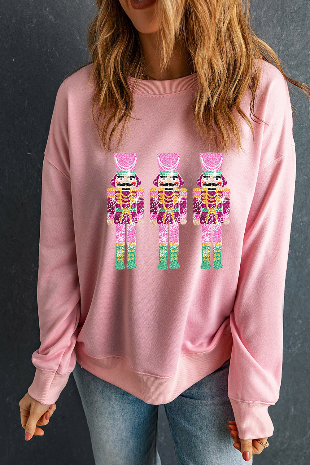 Pink Christmas Neon Nutcrackers Crewneck Sweatshirt Graphic Sweatshirts JT's Designer Fashion