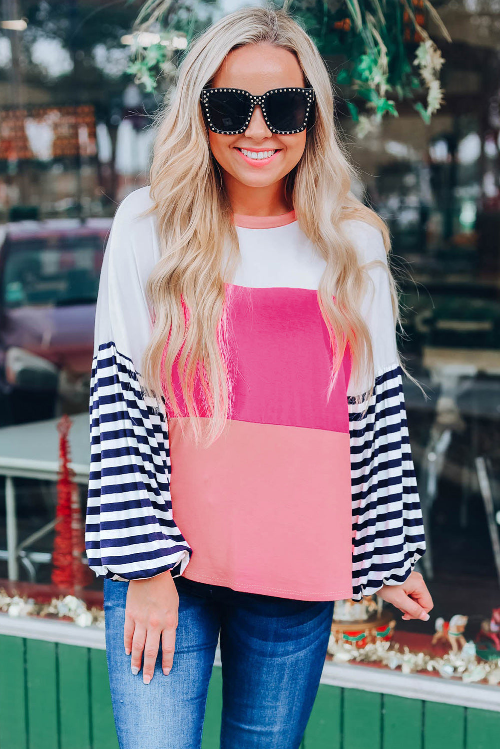 Pink Color Block Bubble Striped Sleeve Top Long Sleeve Tops JT's Designer Fashion