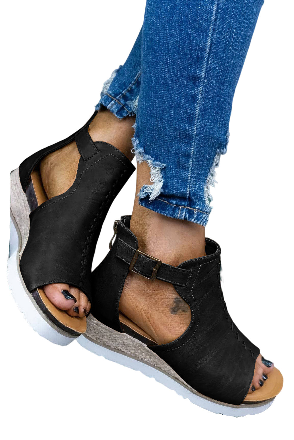 Black Cutout Buckle Strap Platform Sandals Sandals JT's Designer Fashion