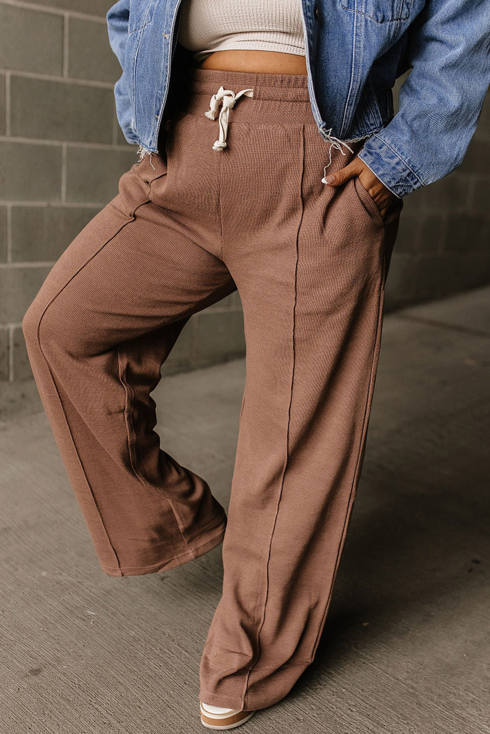 Coffee Drawstring High Waist Wide Leg Waffle Knit Pants Bottoms JT's Designer Fashion