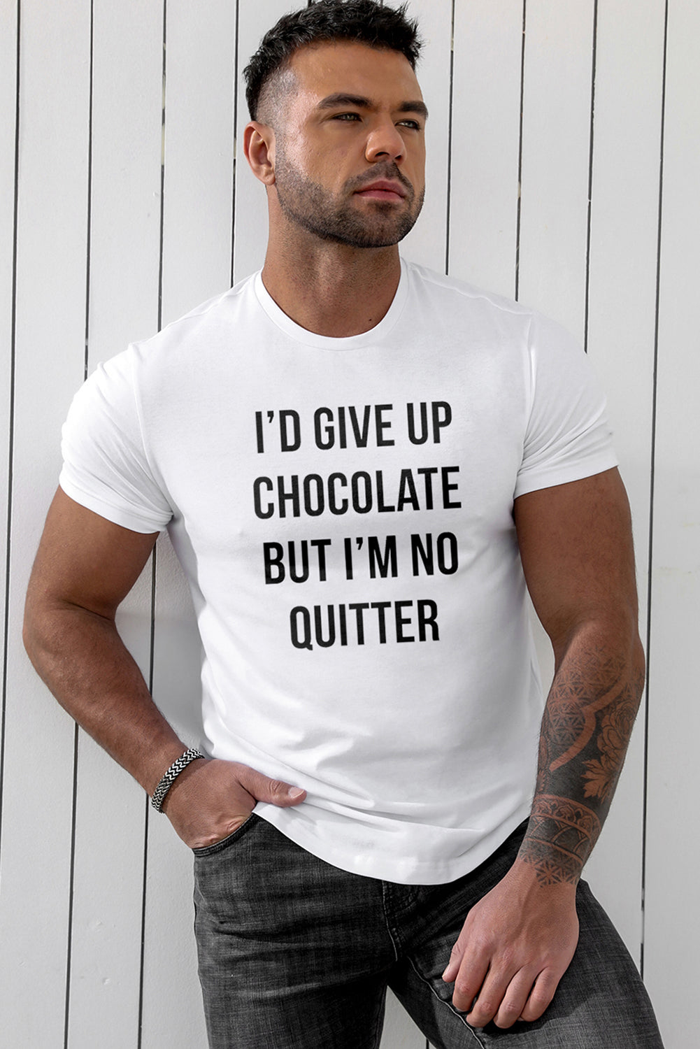 White I'D GIVE UP CHOCOLATE BUT I'M NO QUITTER Men's Graphic T Shirt Men's Tops JT's Designer Fashion