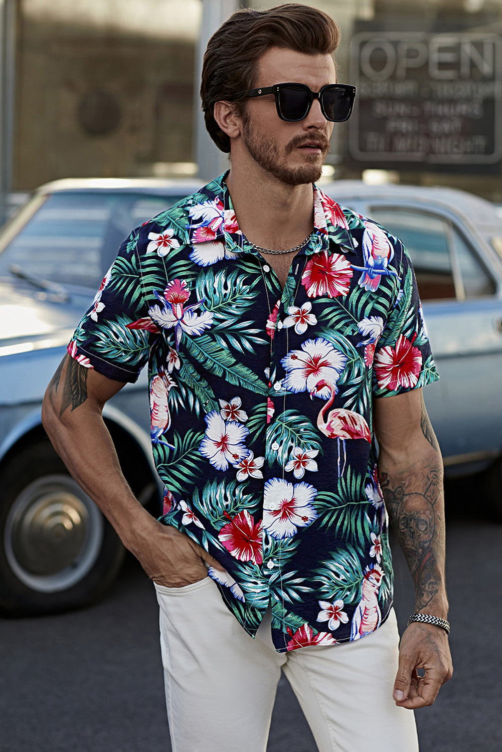 Black Men's Floral Leaves Print Buttoned Short Sleeve Shirt Men's Tops JT's Designer Fashion