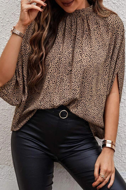 Oversized Leopard Ruched Batwing Sleeve Blouse Blouses & Shirts JT's Designer Fashion