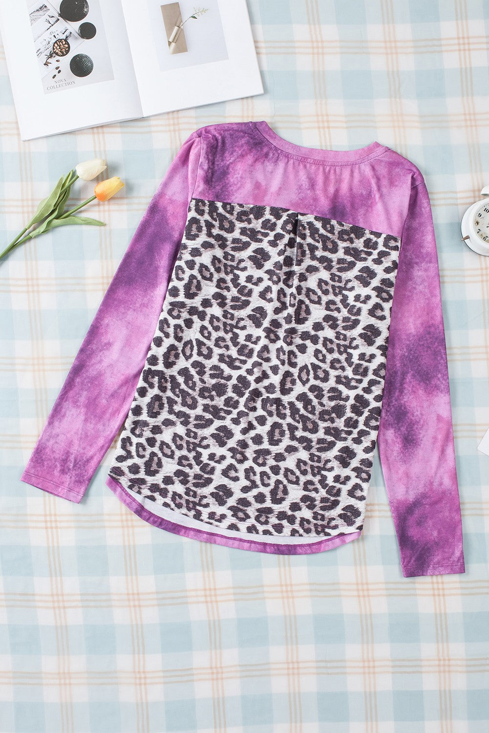 Rose Tie Dye Leopard Patchwork Pocket V Neck Top Long Sleeve Tops JT's Designer Fashion