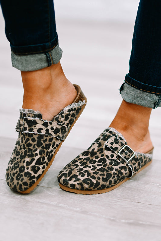 Leopard Buckle Strap Frayed Canvas Slip On Slippers Slippers JT's Designer Fashion