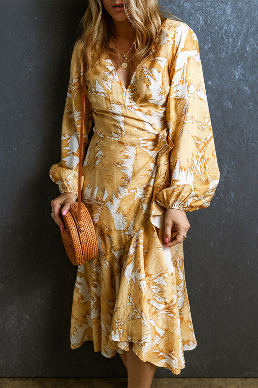 Yellow V Neck Wrap Lace up Bubble Sleeve Floral Dress Dresses JT's Designer Fashion