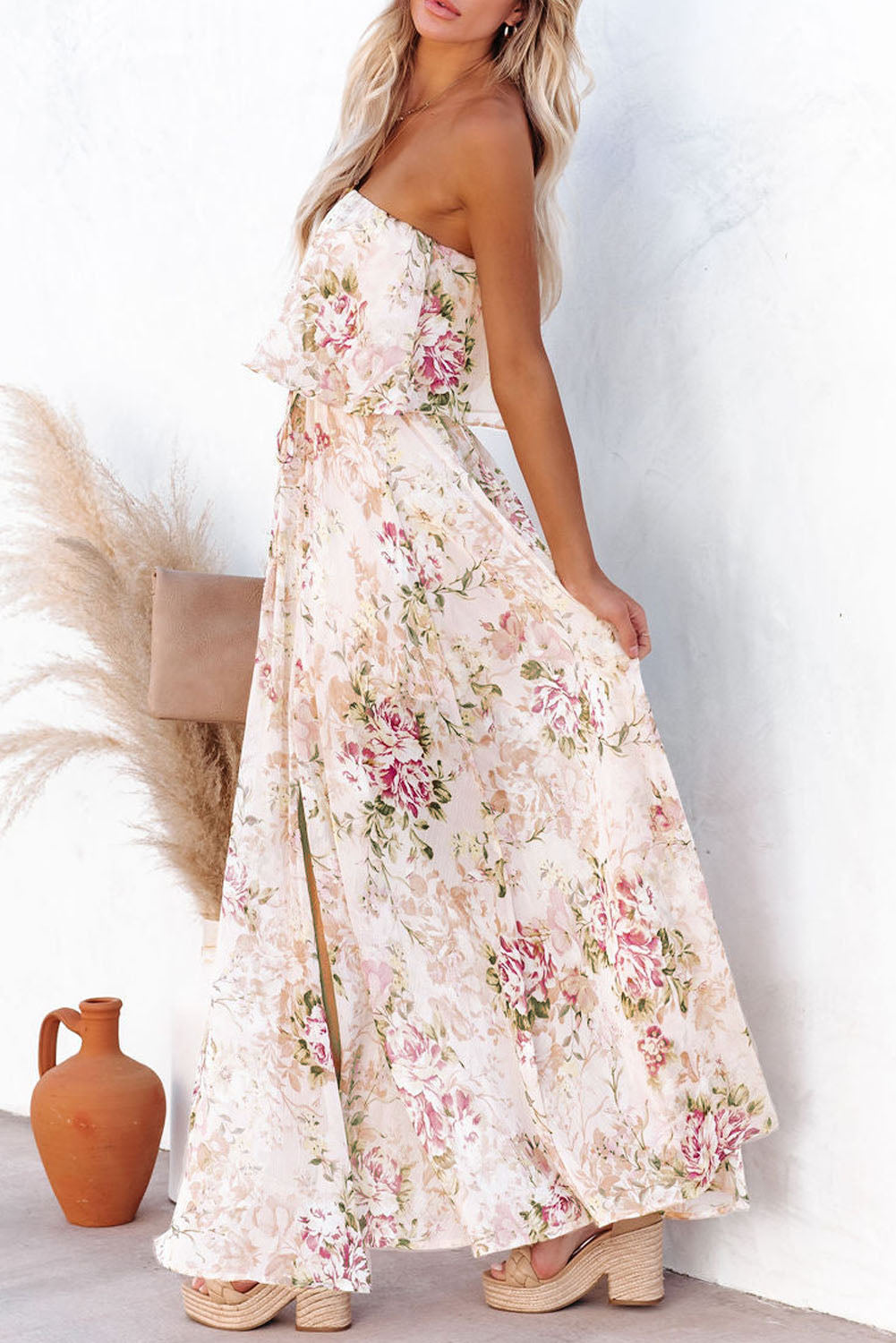 Pink Floral Print Strapless Tube Top Maxi Dress Maxi Dresses JT's Designer Fashion