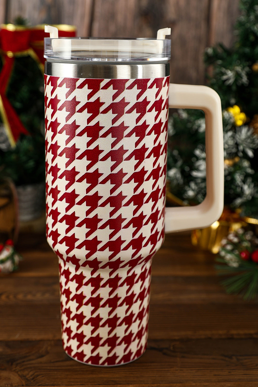 Fiery Red Houndstooth Pattern Stainless Steel Tumbler 40oz Tumblers JT's Designer Fashion