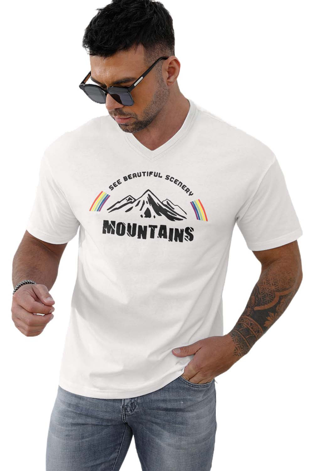 White See Beautiful Scenery Mountains Print T Shirt for Men Men's Tops JT's Designer Fashion