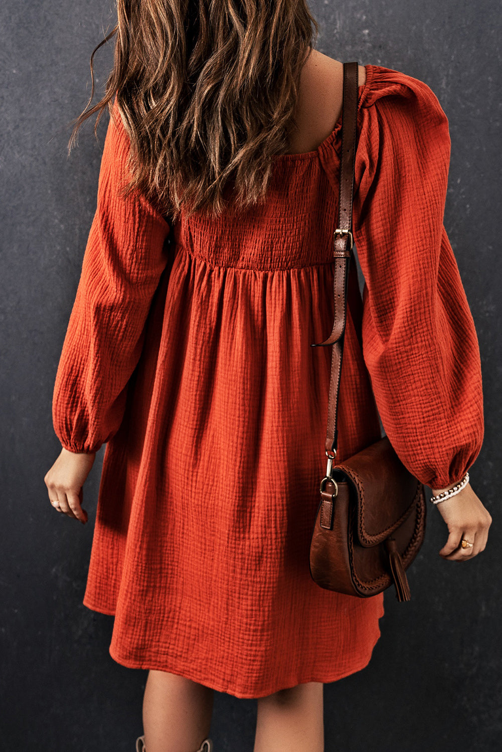 Brown Textured Front Crochet Babydoll Dress Mini Dresses JT's Designer Fashion