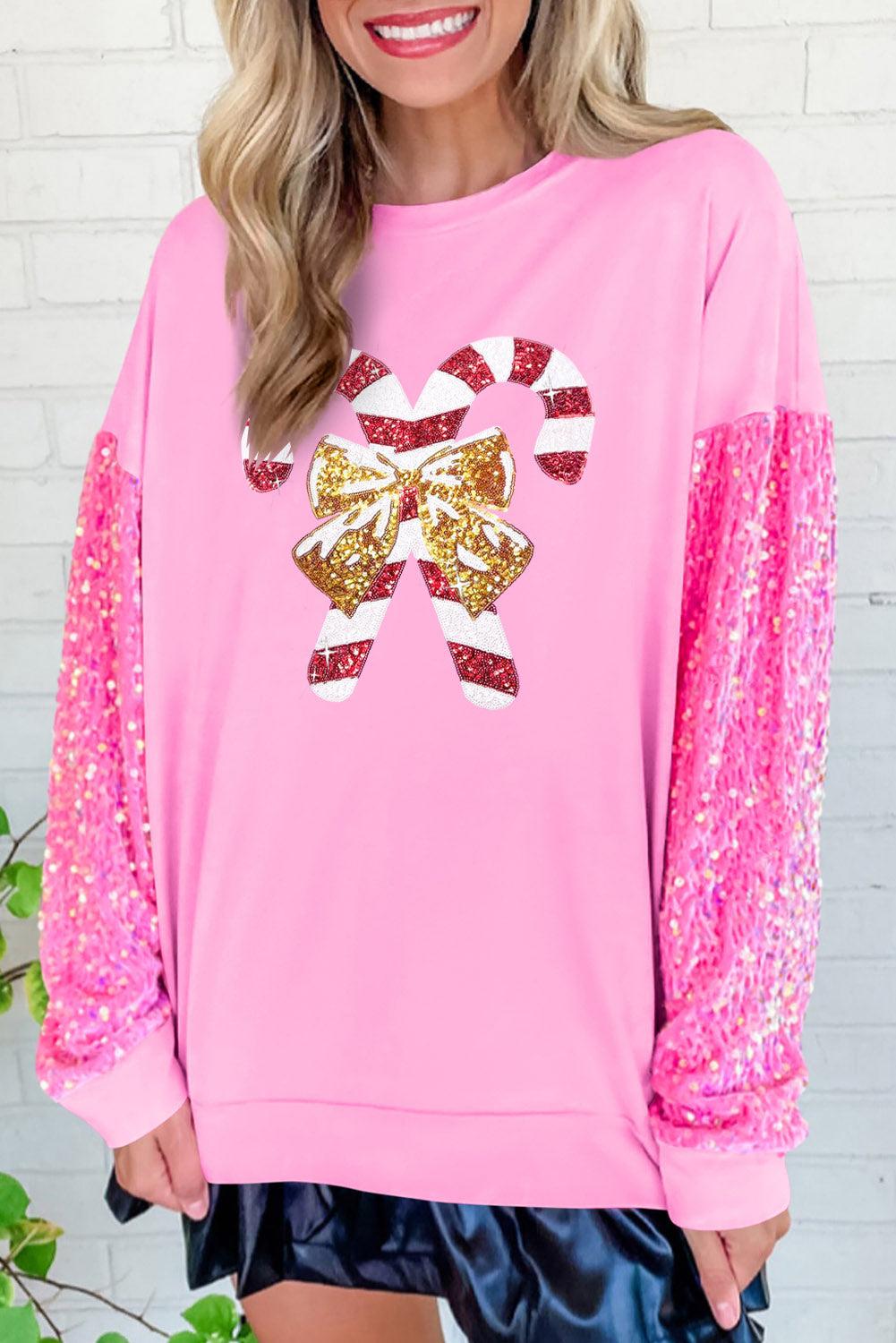 Pink Christmas Pattern Sequin Sleeve Crewneck Sweatshirts Graphic Sweatshirts JT's Designer Fashion