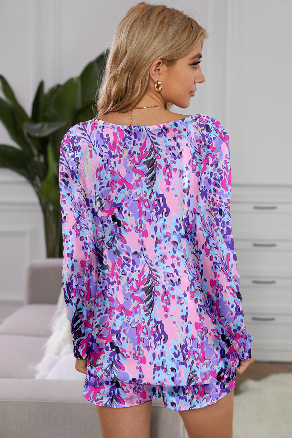 Purple Multicolor Floral Long Sleeve Top and Drawstring Shorts Set Loungewear JT's Designer Fashion