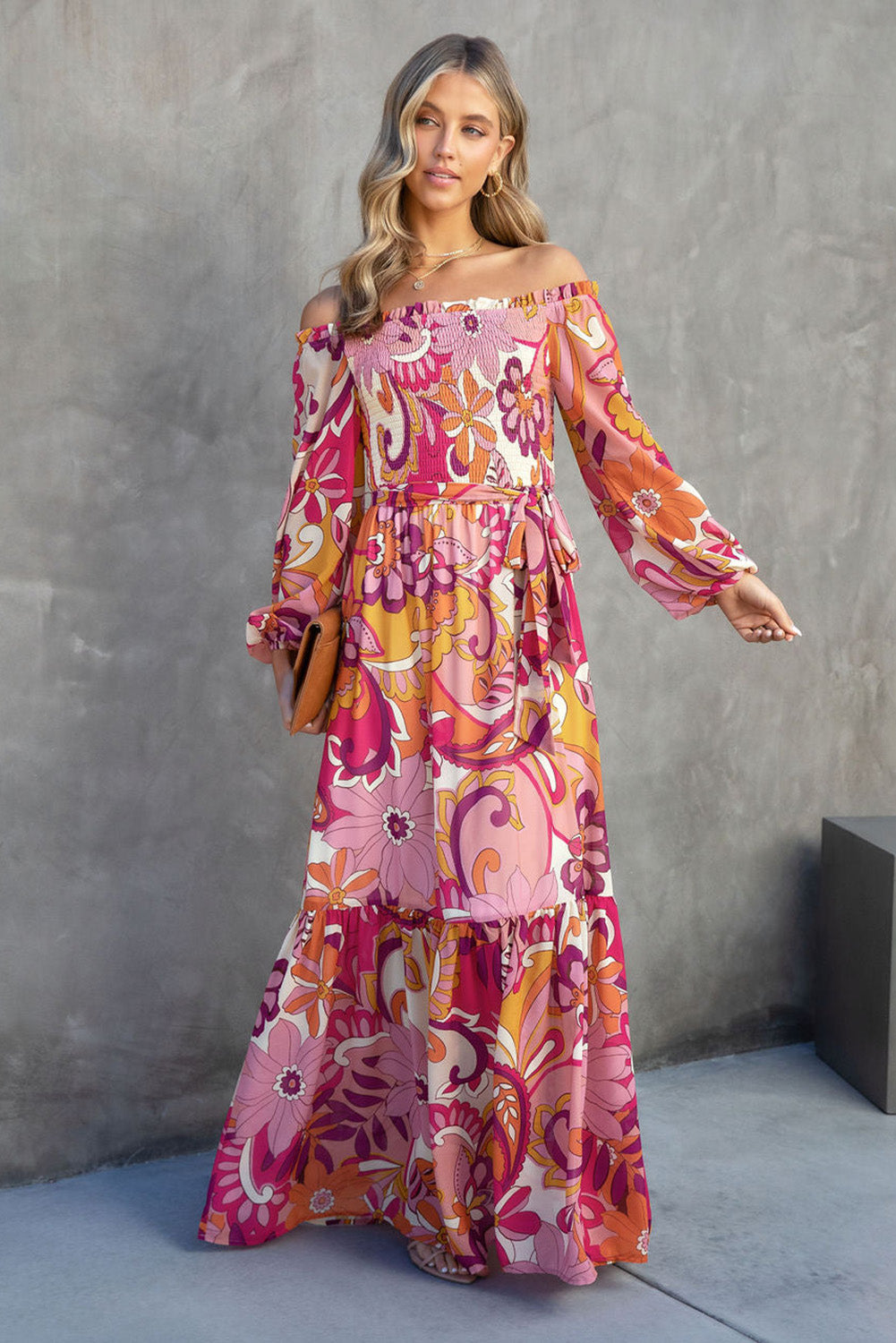 Multicolour Boho Floral Off Shoulder Puff Sleeve Maxi Dress Dresses JT's Designer Fashion