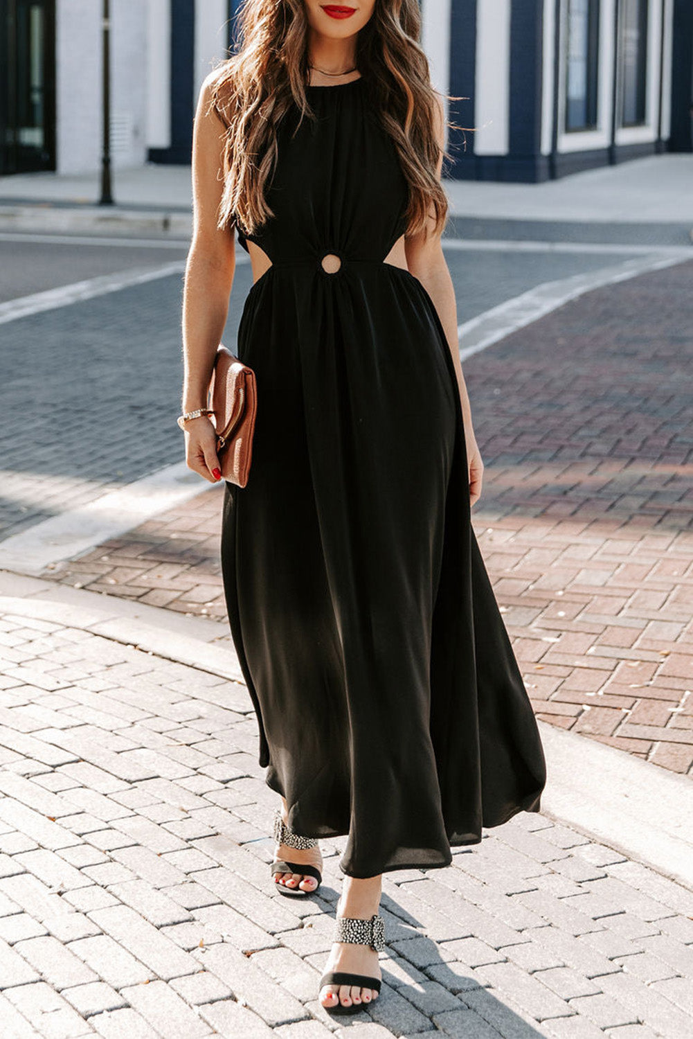 Black Side Cutout Sleeveless Maxi Dress Black 100%Polyester Maxi Dresses JT's Designer Fashion