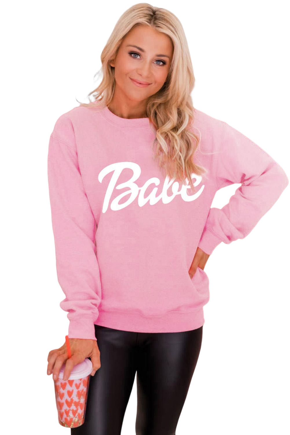 Pink Letters Print Ribbed Knit Trim Sweatshirt Graphic Sweatshirts JT's Designer Fashion