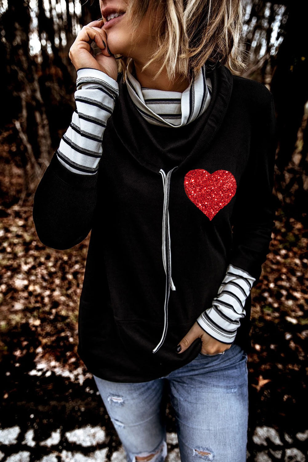 Black Valentines Glitter Heart Print Striped Cowl Neck Sweatshirt Black 95%Polyester 5%Elastane Graphic Sweatshirts JT's Designer Fashion