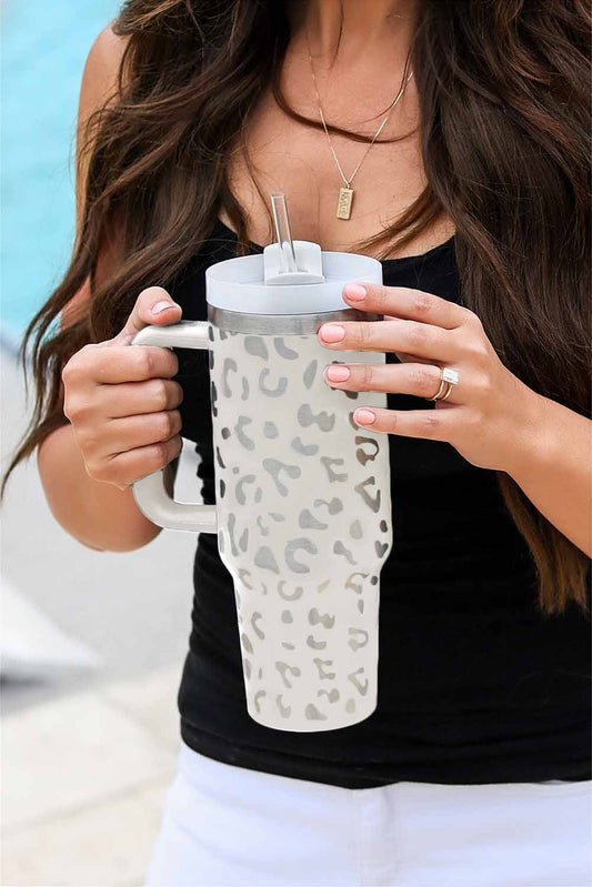 White Leopard Print 40OZ Stainless Steel Portable Cup with Handle Tumblers JT's Designer Fashion