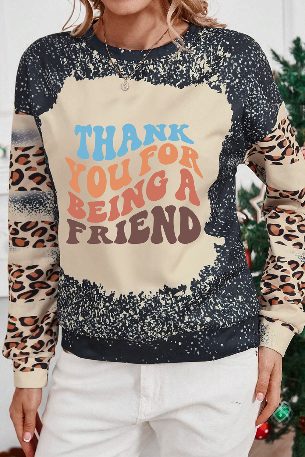 Black THANK YOU FOR BEING A FRIEND Graphic Leopard Tie Dye Sweatshirt Graphic Sweatshirts JT's Designer Fashion