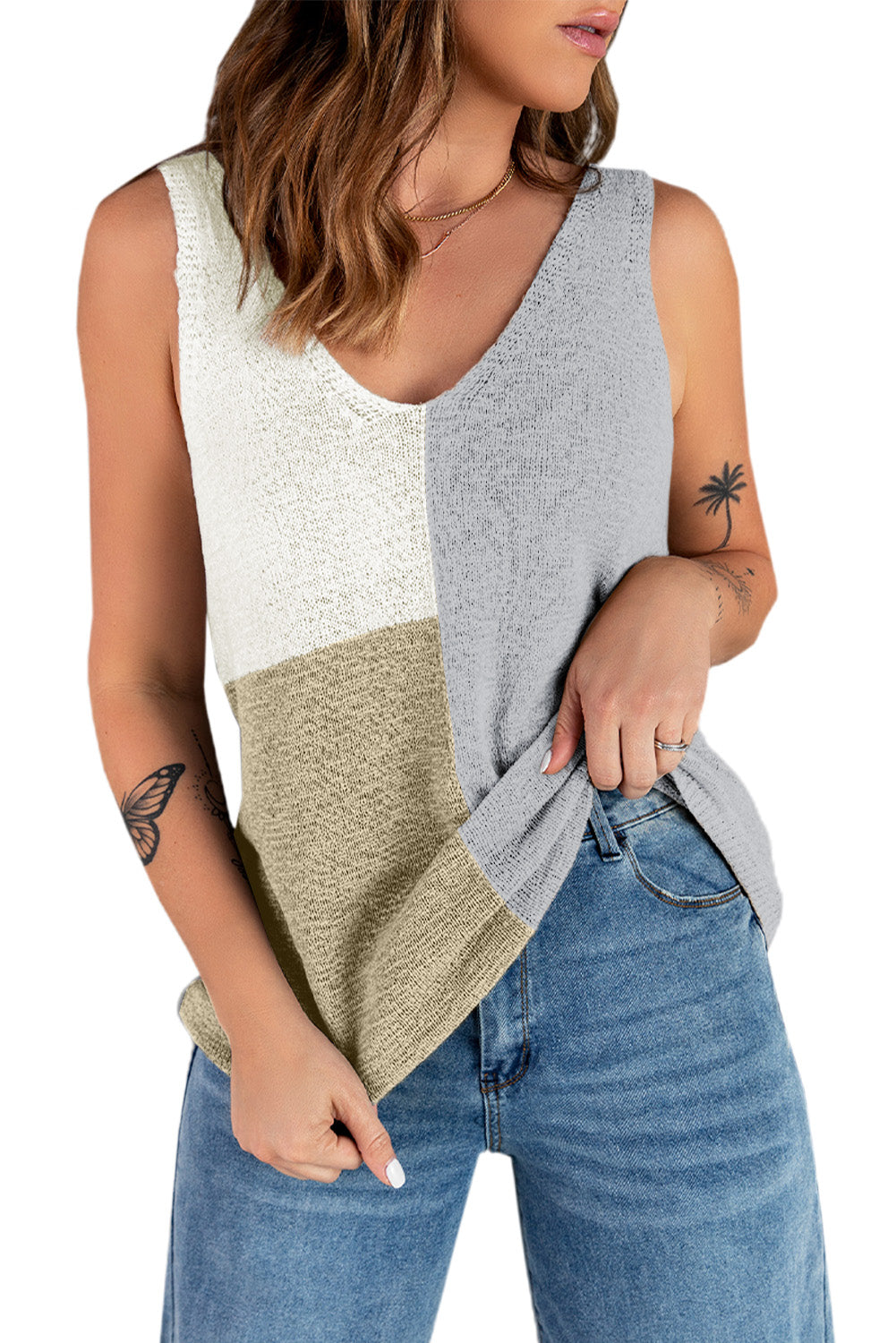 Gray Color Block Knitted Tank Top Tank Tops JT's Designer Fashion