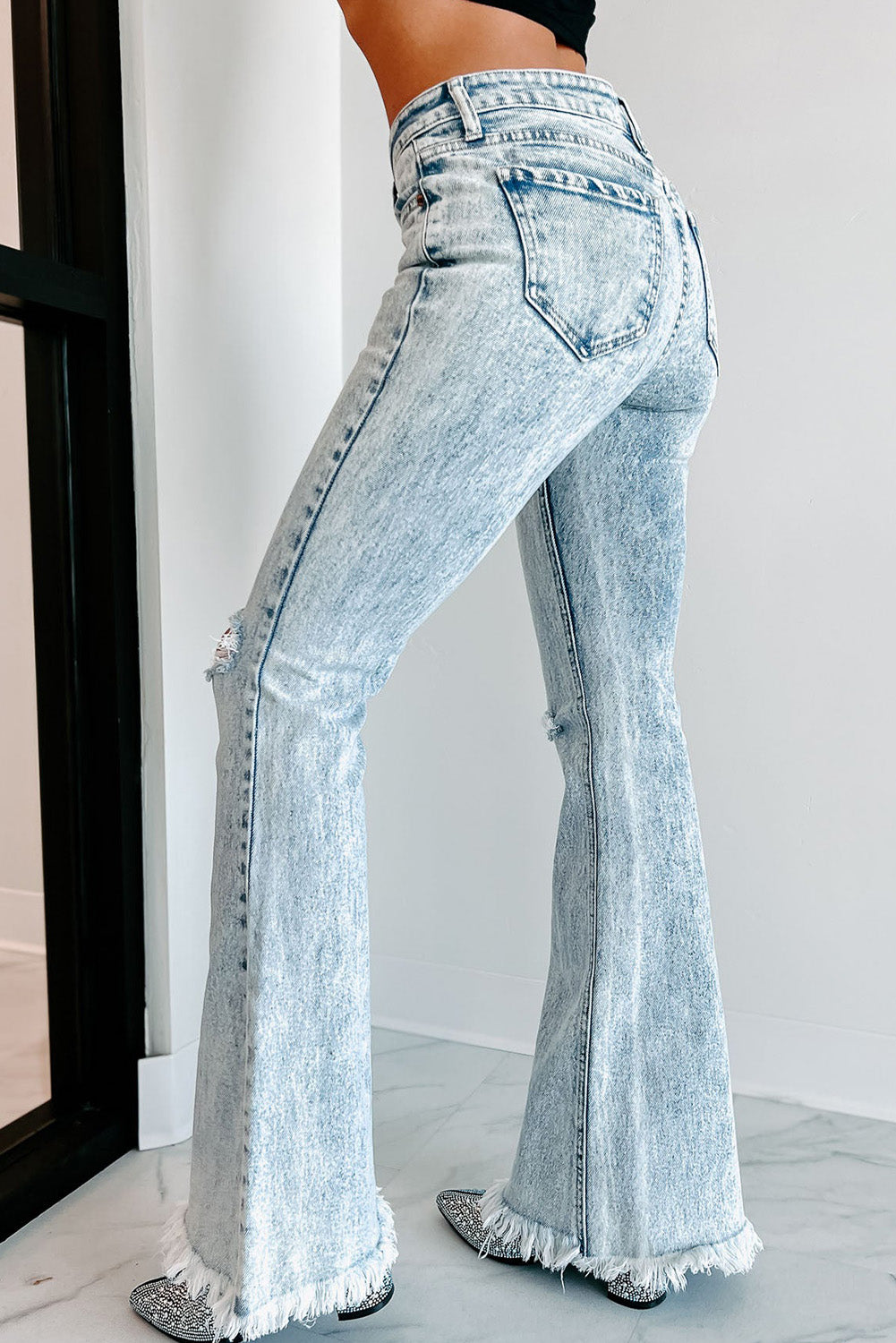 Sky Blue Distressed Acid Wash Flare Jeans Jeans JT's Designer Fashion