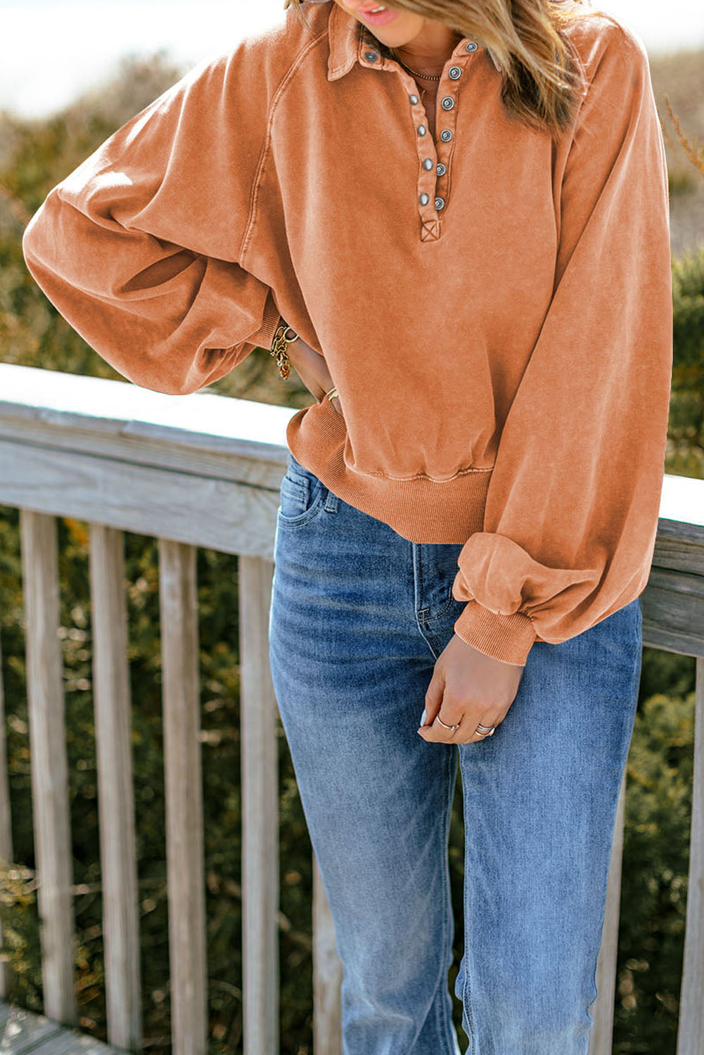 Orange Brown-2 Washed Snap Buttons Lantern Sleeve Pullover Sweatshirt Pre Order Sweatshirts & Hoodies JT's Designer Fashion