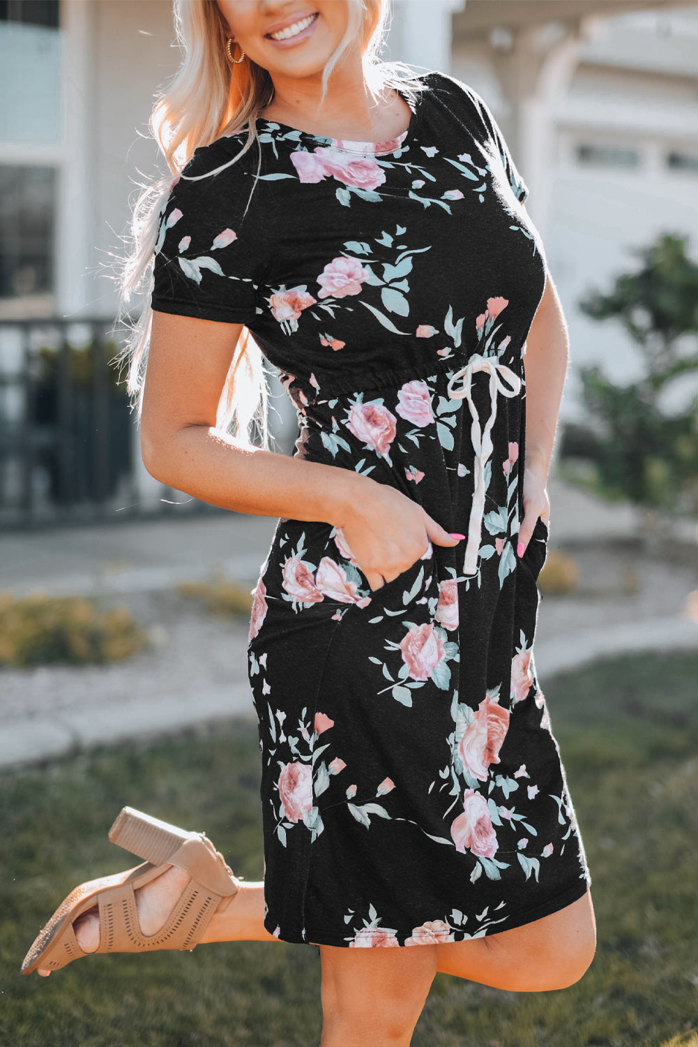 Black Short Sleeve Pocketed Drawstring Casual Floral Dress Family Dress JT's Designer Fashion