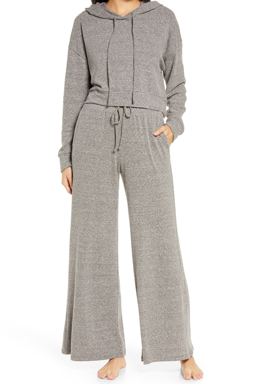 Gray Solid Drop Shoulder Hoodie and Wide Leg Pants Outfit Loungewear JT's Designer Fashion