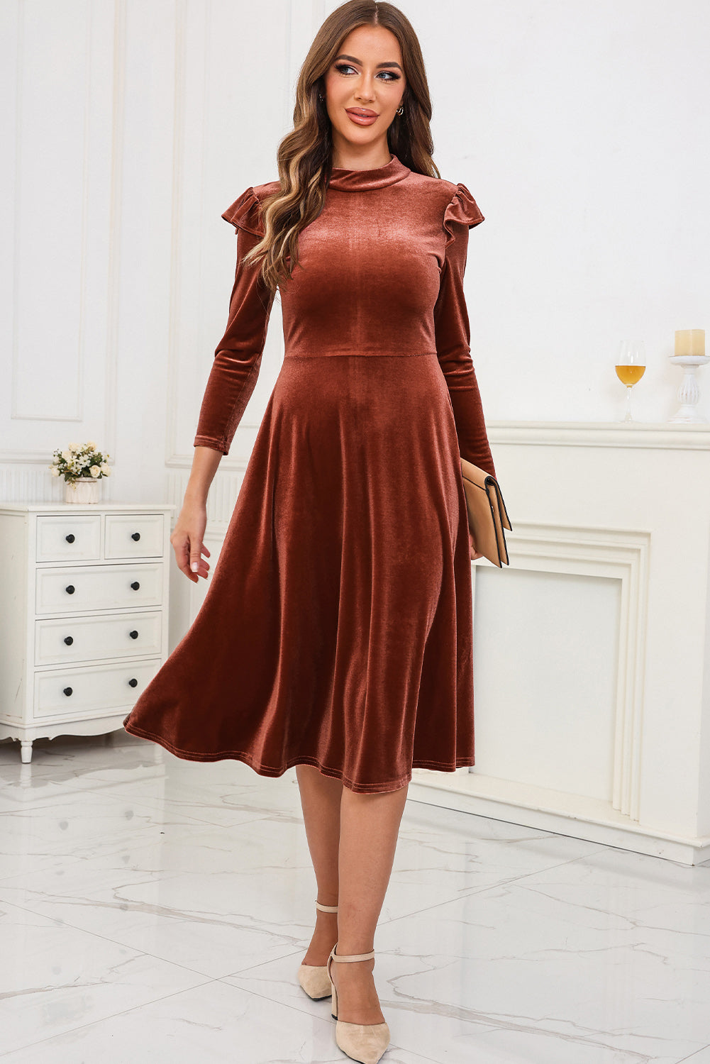 Brown Frill Trim Long Sleeve Stand Neck Velvet Dress Dresses JT's Designer Fashion