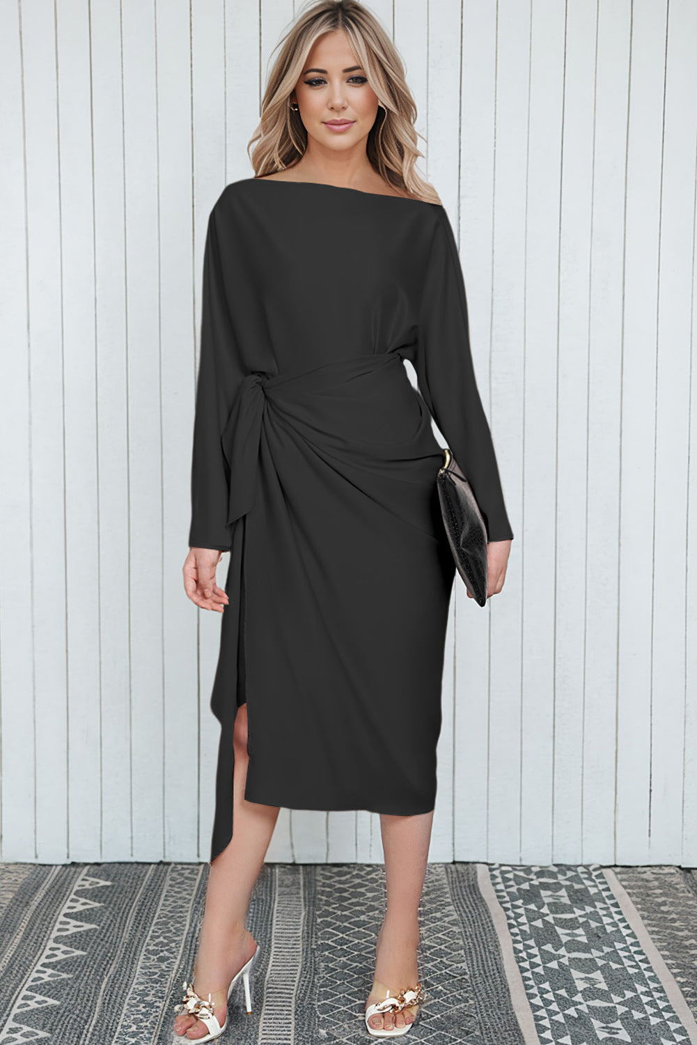 Black Satin Wrap Tie Side Boat Neck Long Sleeve Dress Evening Dresses JT's Designer Fashion