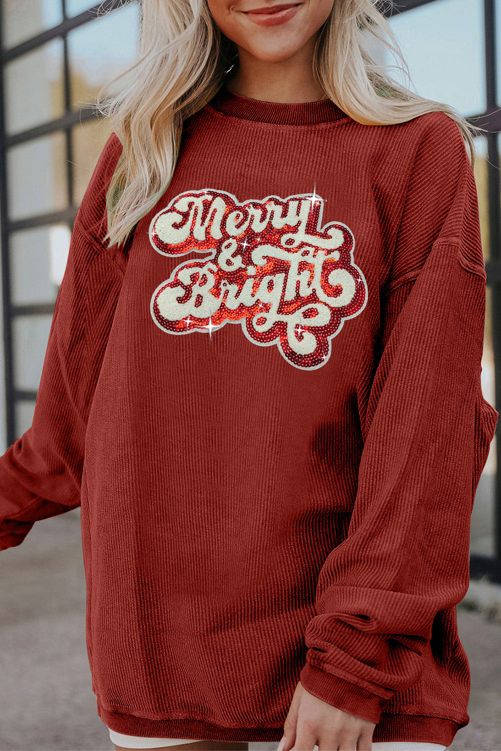 Racing Red Merry & Bright Sequin Ribbed Crew Neck Sweatshirt Racing Red 100%Polyester Graphic Sweatshirts JT's Designer Fashion