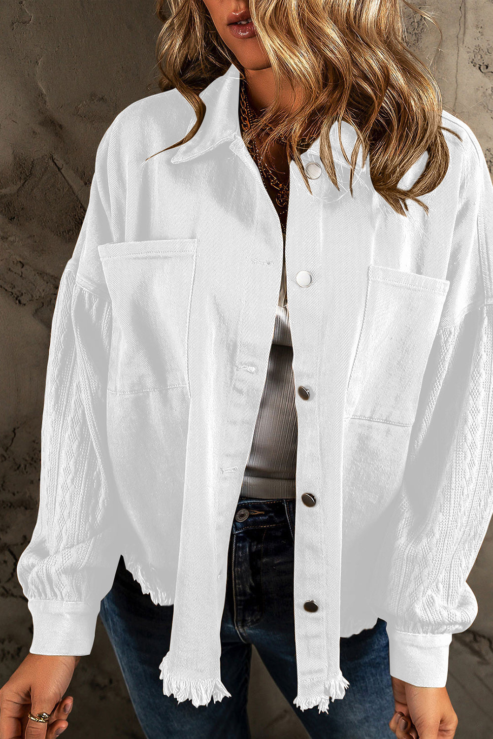 Bright White Textured Knit Sleeves Patchwork Raw Hem Denim Jacket Outerwear JT's Designer Fashion