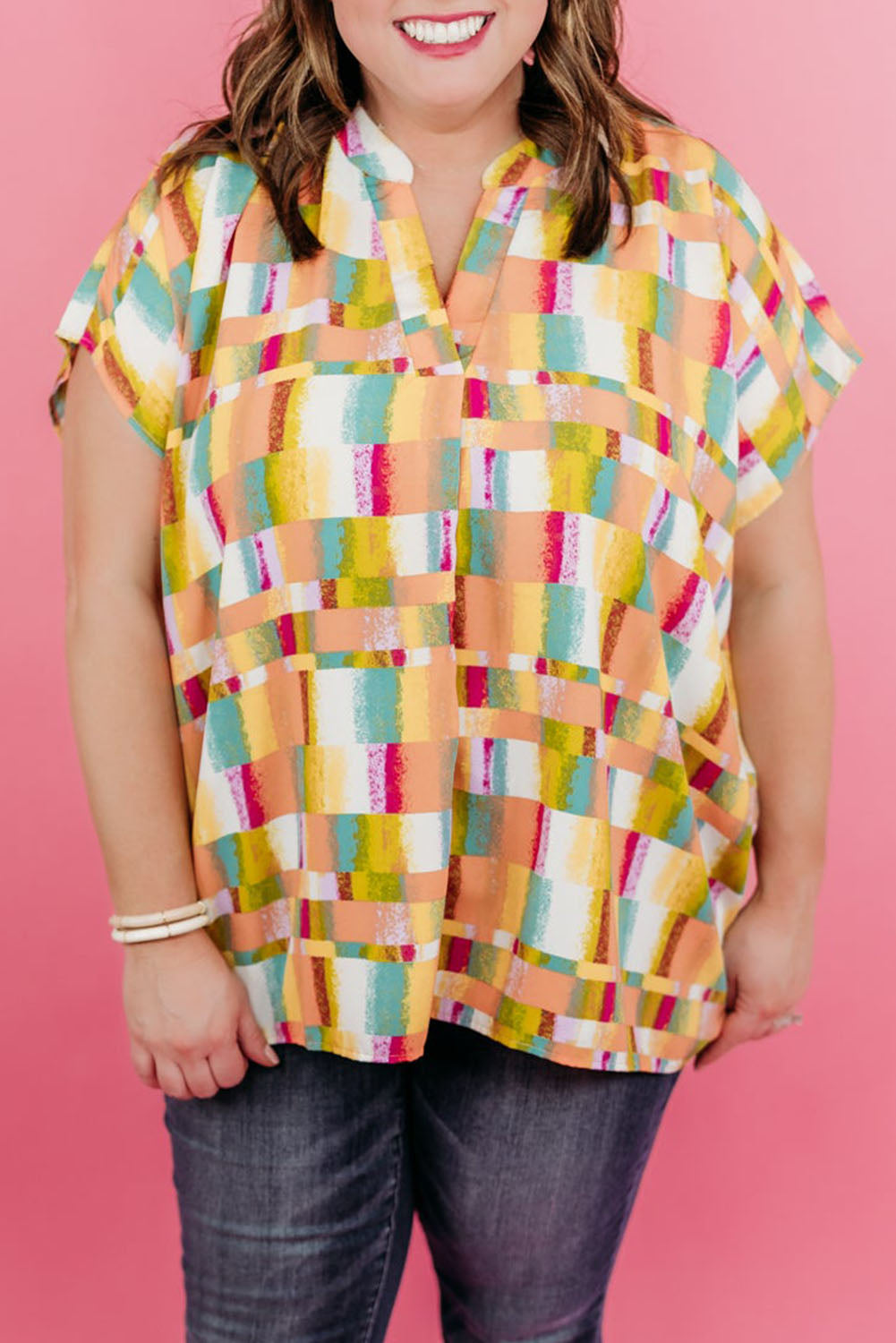 Yellow Geometric Print V Neck Plus Size T Shirt Plus Size Tops JT's Designer Fashion