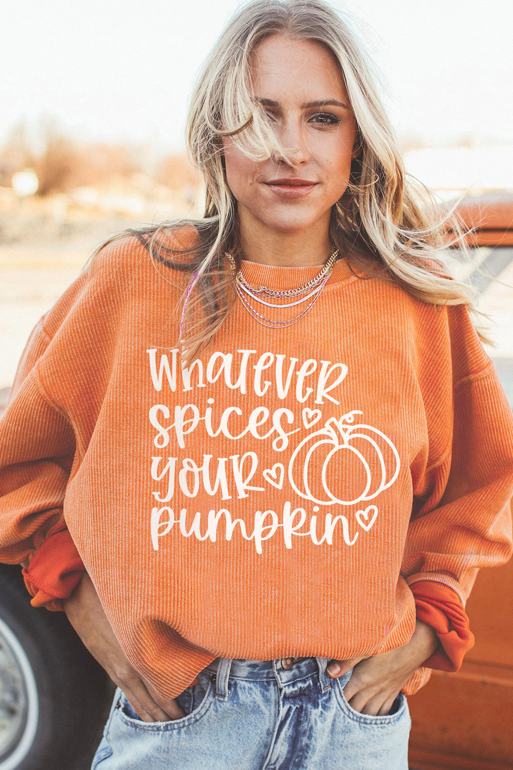 Orange Pumpkin Letter Print Oversized Corduroy Sweatshirt Graphic Sweatshirts JT's Designer Fashion