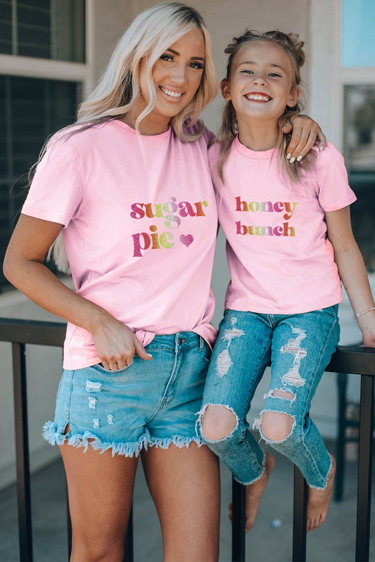 Pink Family Matching Honey Bunch Letter Print Crewneck Girl's T Shirt Pink 95%Cotton+5%Elastane Family T-shirts JT's Designer Fashion