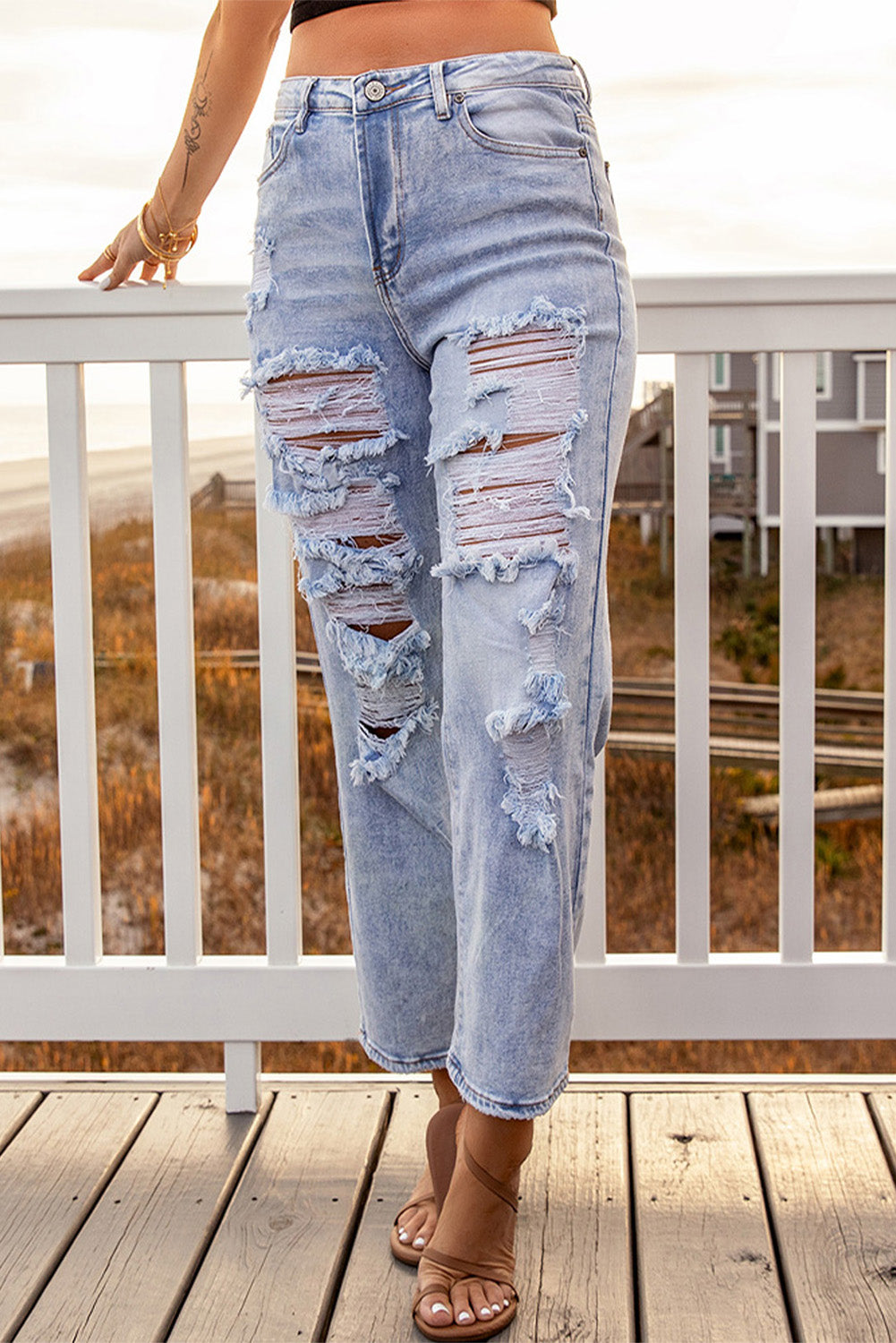Light Blue Vintage Wash Ripped Straight Leg Jeans Jeans JT's Designer Fashion