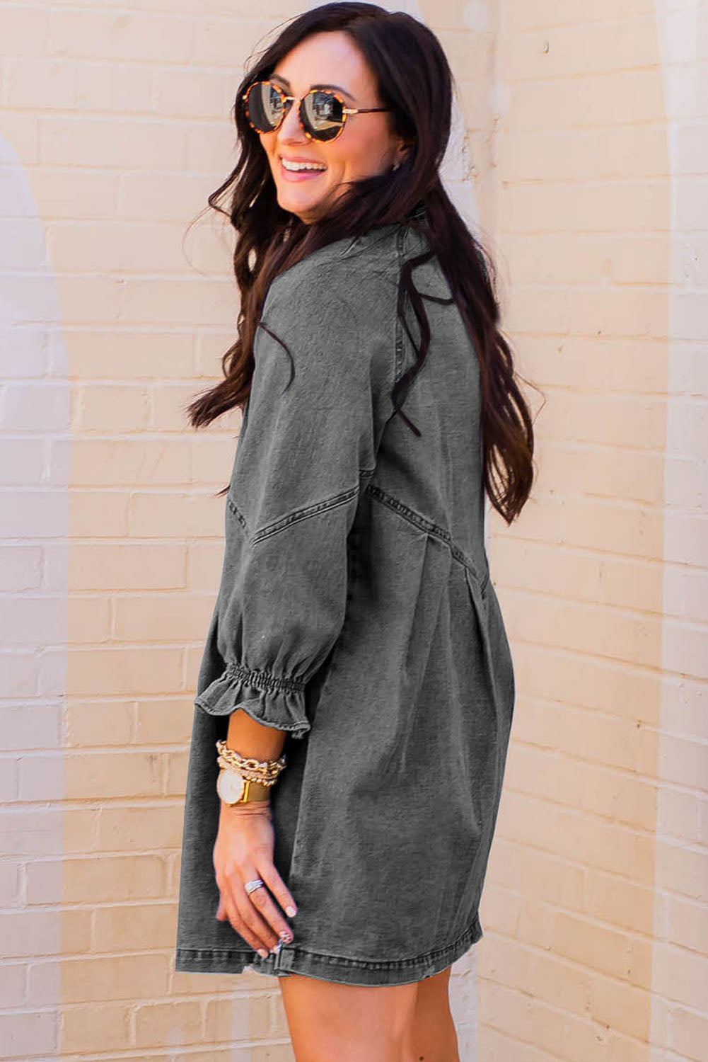 Gray Buttoned Long Sleeve Denim Mini Dress Dresses JT's Designer Fashion