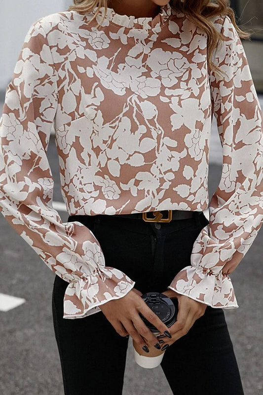 Flaxen Floral Print Frilled Neckline Flounce Sleeve Blouse Tops & Tees JT's Designer Fashion