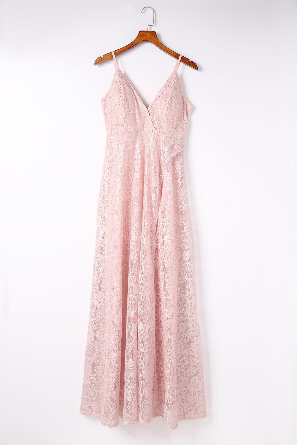 Pink Side Split Spaghetti Strap Contrast Lace Sequin Maxi Dress Maxi Dresses JT's Designer Fashion
