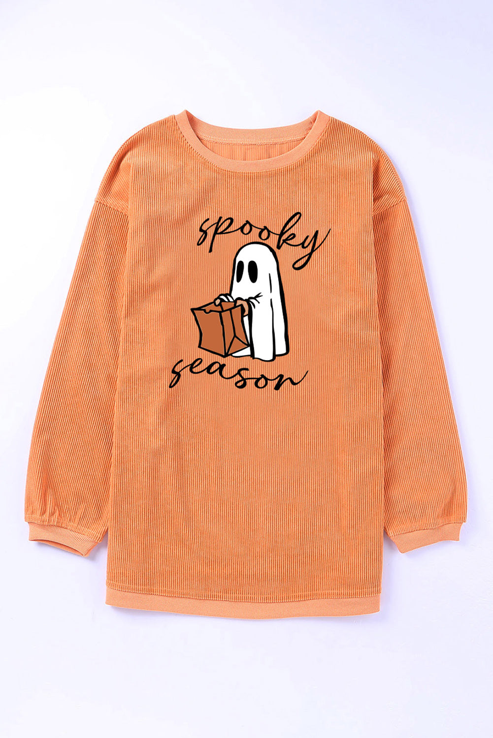 Orange Spooky Season Ghost Print Ribbed Pullover Sweatshirt Graphic Sweatshirts JT's Designer Fashion