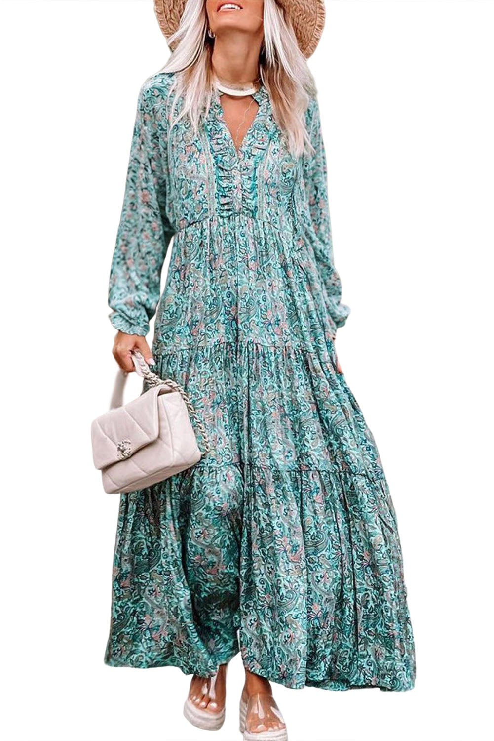 Sky Blue Bohemian Print Long Sleeve Tiered Maxi Dress Dresses JT's Designer Fashion